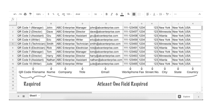 Screenshot of sample data sheet for Vcard QR Code